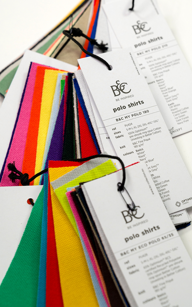 Fordern Sie jetzt Ihr KOSTENLOSES B&C My Polo-Farbmusterbuch-Set an. 